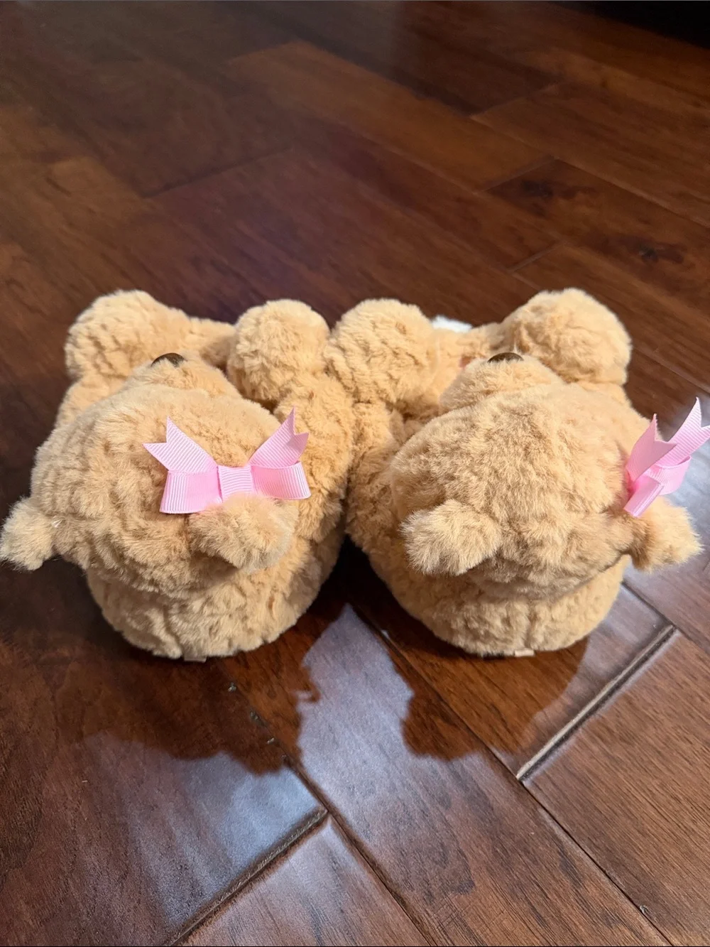 Plush Beige Teddy Bear Kids Slippers with Pink Bow